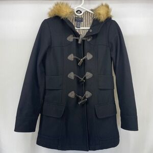 American Eagle Size S Women Black Toggle Button Duffle Coat Wool Hooded Faux Fur